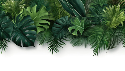 A luxuriant arrangement of tropical foliage with monstera and palm leaves in rich green hues, creating a vibrant botanical border on a white background.