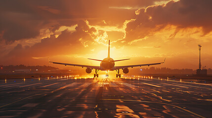 Airplane taking off from the runway sunset cloudy sky airport commercial fight operational moving abroad 