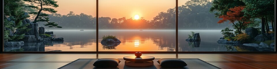Serene zen porch at sunset panorama: panoramic view from a zen porch overlooking tranquil lake at sunset with oriental garden ambiance. Wide banner for mindfulness meditation peaceful header in a spa
