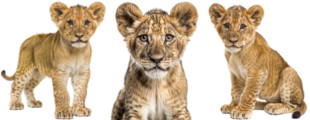 Lion cub bundle, standing, portrait and sitting, isolated on a white background