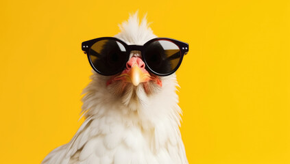 A white chicken with a tufted crown, donning oversized black sunglasses, poses against a stark...