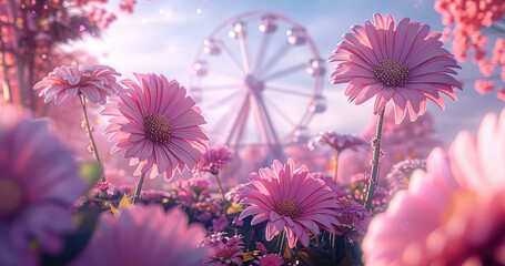 A high-quality illustration with a pink-purple color scheme featuring, surrounded by five fresh flowers. In the distant background, there is a complete Ferris wheel. Generative AI.