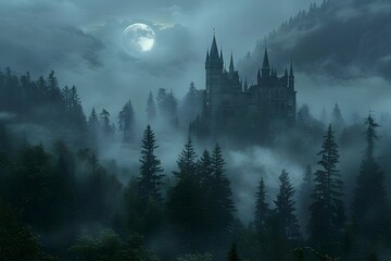 Haunting Castle Shrouded in Misty Forest with Luminous Full Moon in Night Photography Style