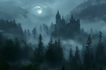 Fotobehang Haunting Castle Shrouded in Misty Forest with Luminous Full Moon in Night Photography Style © May's Creations