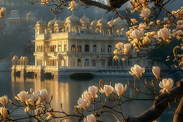 Grandiose Indian Palace Framed by Magnolia Blossoms on Tranquil Lakeside