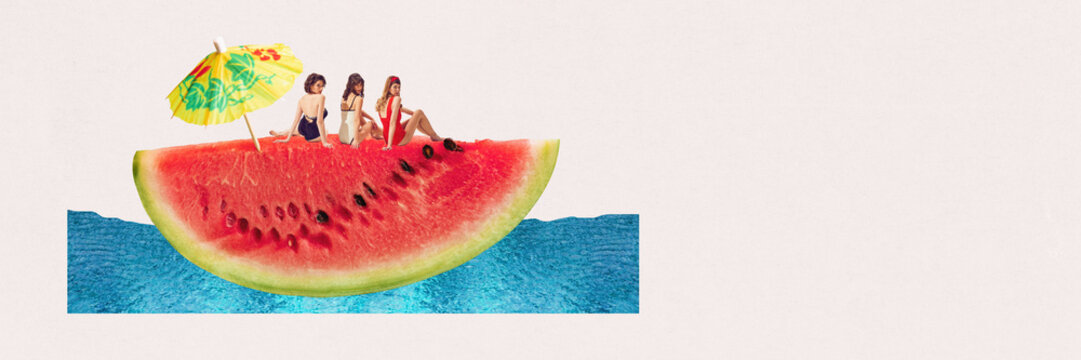 Stylish young girl in elegant swimsuits witting on watermelon and swimming on sea. Contemporary art collage. Concept of summer, vacation, relaxation, travelling, holiday, tourism. Banner, ad