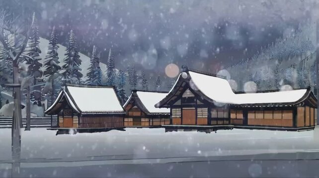 Illustration view of a Traditional Japanese House and snow starting to cover the roof, cartoon watercolor painting illustration style.