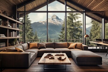 Modern Alpine Cabin Living Room: Panoramic Mountain Views & Cozy Modern Design