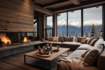 Alpine Serenity: Modern Cabin Living Room Design with Rustic Touches and Mountain Views