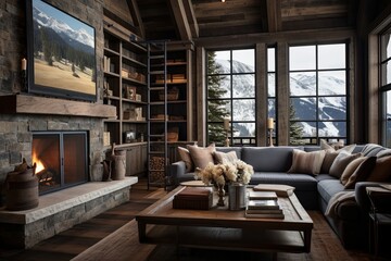 Modern Alpine Cabin Living Room Designs: Rustic Vibes, Modern Furnishings, Scenic Views Unite - obrazy, fototapety, plakaty