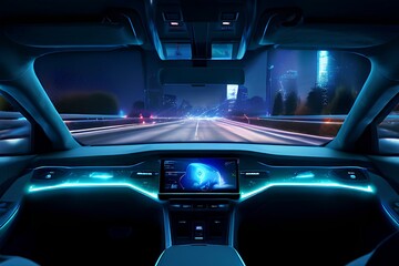 autonomous futuristic car dashboard view at night with hologram screens wide banner.