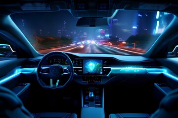 autonomous futuristic car dashboard view at night with hologram screens wide banner.