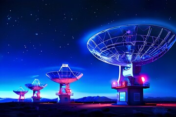 collection Set of Radio telescopes at night with starry nights releasing with hologram hud as wide banner for space research. - obrazy, fototapety, plakaty