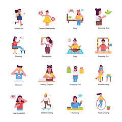 Set of 16 Flat Style Girl Icons 

