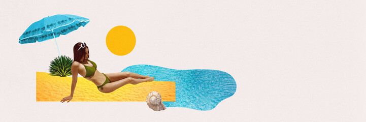 Young woman in green swimsuit lying on beach by sea and sunbathing. Contemporary art collage. Concept of summer, vacation, relaxation, travelling, holiday, tourism. Banner, empty space for text, ad