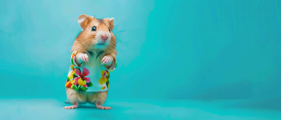 Naklejka premium A hamster is wearing a yellow and pink outfit and standing on a blue background. Hamster wearing colorful clothes dancing on the blue background. Banner whit copy space