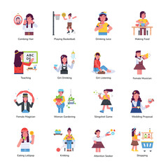 Modern Flat Icons Depicting Girl Activities 

