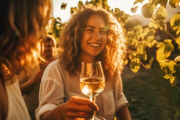 Beautiful young people holding wine glasses in the act of toasting in a vineyard landscape.	