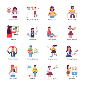 Modern Flat Icons Depicting Girl Activities 


