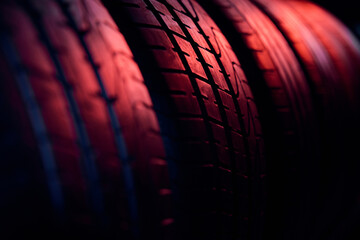 Closeup of summer car tires lit with red light