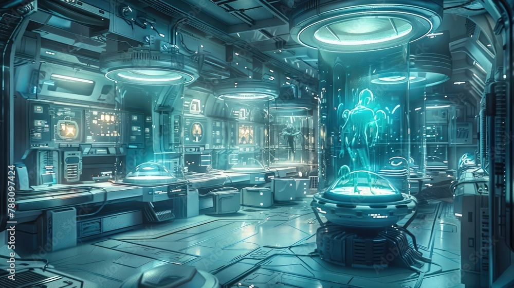 Poster A sci fi lab with futuristic VR equipment, floating holographic displays and an alien creature collection in large glass enclosures. Generative AI.