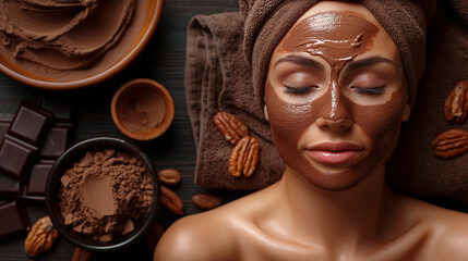 5. A rejuvenating chocolate spa session featuring a soothing face mask infused with rich cocoa extracts, leaving the skin soft, supple, and glowing. - obrazy, fototapety, plakaty