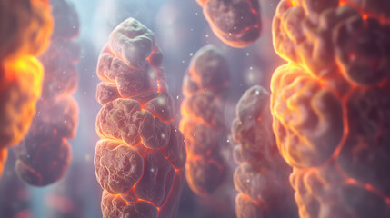 A sequence of illustrations depicting the progression of mesothelioma from initial to advanced stages in pleural tissue, each stage lit by natural light. , natural light, soft shad