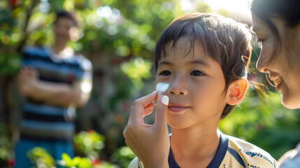 mother applying sun screen on sons face, child at the park playing 