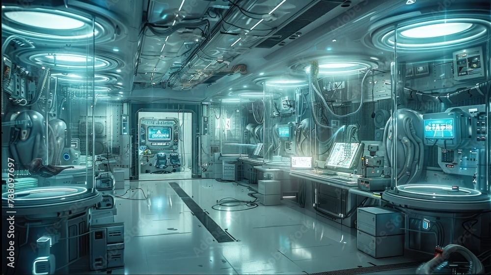 Poster A sci fi lab with futuristic VR equipment, floating holographic displays and an alien creature collection in large glass enclosures. Generative AI.
