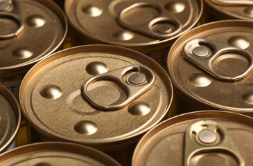 Many Cans with canned pet food close up