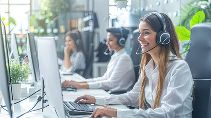 Call Center Agents Working at Desktops with Headsets in Office Environment