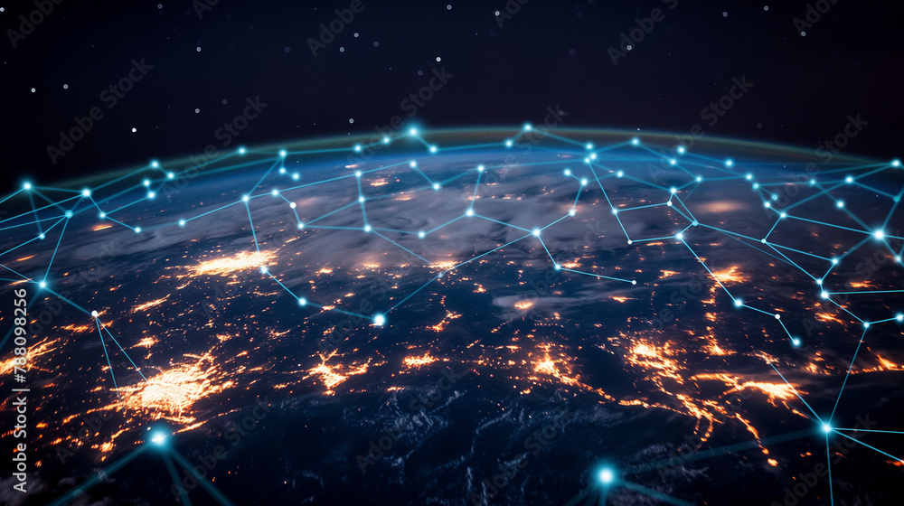 Aufkleber a depiction of a global connectivity network in a wireframe model, illuminated with bioluminescent e