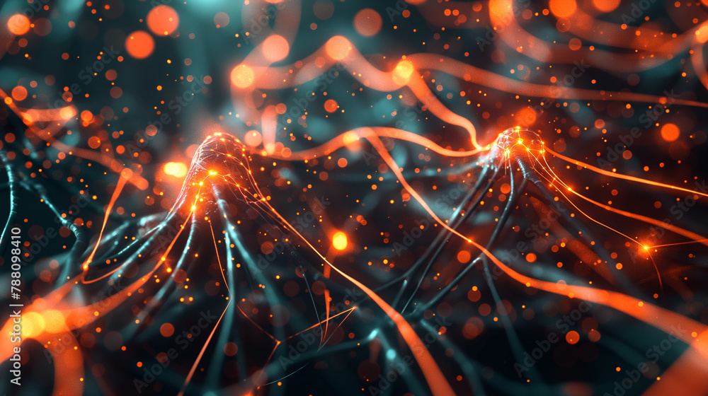 Aufkleber an illustration showing a neural network with fiber optic cables glowing like neurons firing, emphas
