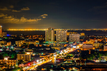 Aerial view of Pattaya at night time, Thailand.