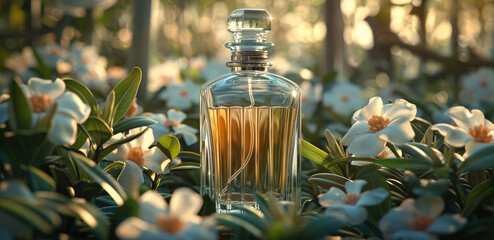 A bottle of perfume, surrounded by gardenia. Generative AI. - obrazy, fototapety, plakaty
