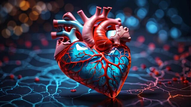 model of human heart on futuristic background.