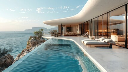 Integrate an infinity pool into the existing ultra-luxurious villa on the sea coast. Generative AI. - obrazy, fototapety, plakaty