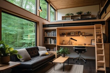 Compact Design & Functional Pieces: Modern Living Room in Tiny House - obrazy, fototapety, plakaty