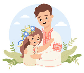 Happy Ukrainian man father and daughter with floral wreath with yellow-blue ribbons in traditional clothes, embroidered shirt. Vector illustration. Festive national character family