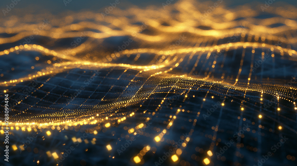Poster a digital mesh representing network security code, glowing under natural light that casts soft shado