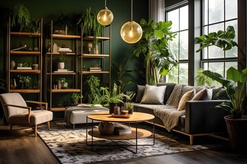 Fototapeta premium Urban Jungle Luxury: Sleek Furniture in Modern Living Room with Cascading Hanging Plants