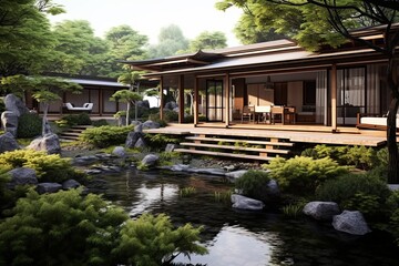 Fototapeta na wymiar Sleek Lines: Modern Peaceful Japanese Garden Design Concept