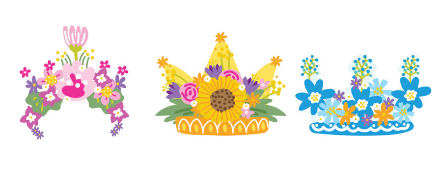Set of cute flower crown cartoon hand drawn.Floral.Spring.Castle kingdom.Isolated.Kawaii.Vector.Illustration.
