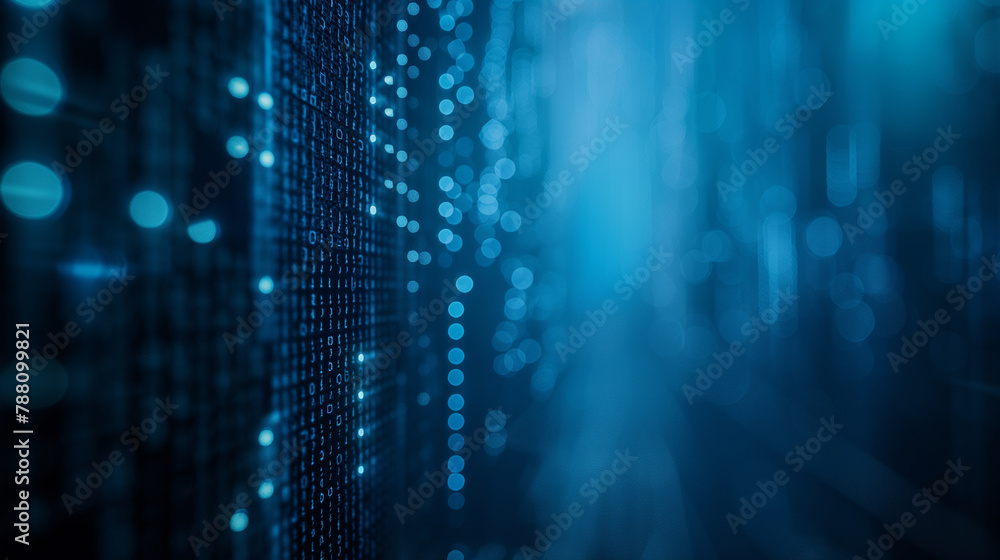 Poster binary code creating a sense of depth against a deep blue background, enhanced by soft natural light