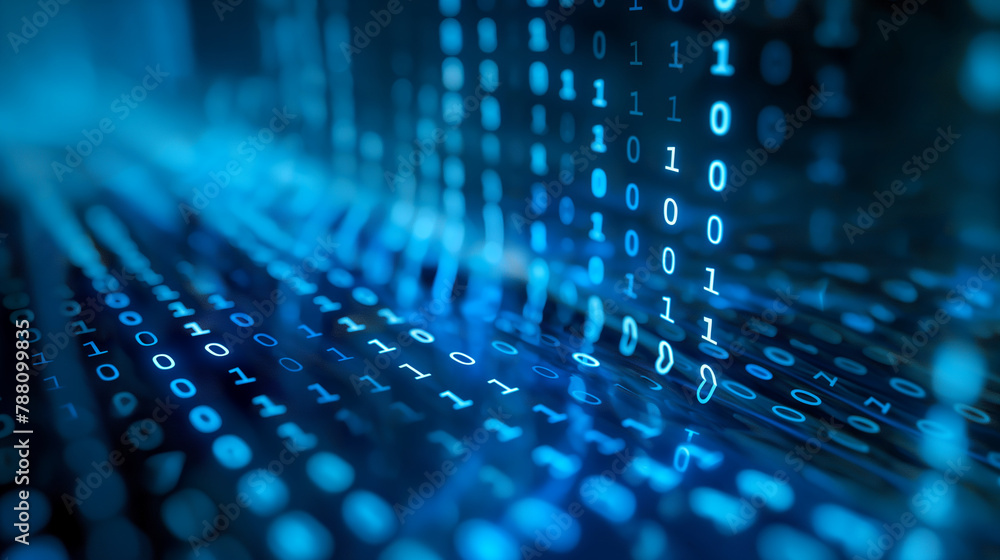 Poster binary code creating a sense of depth against a deep blue background, enhanced by soft natural light