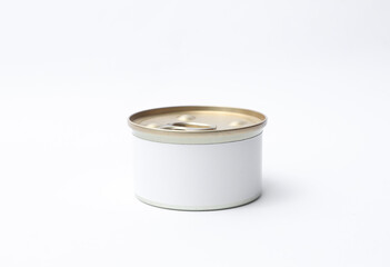 Tin can of canned food with a white label on white background, mockup for your design