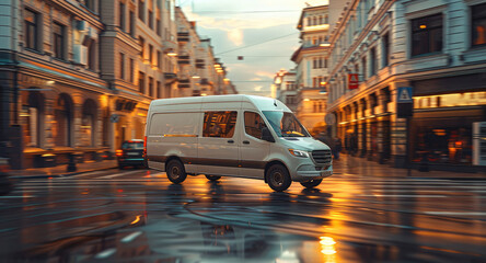 White van delivery in the city. Generative AI.