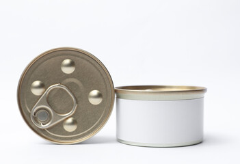 Tin cans of canned food with white labels on white background, mockup for your design