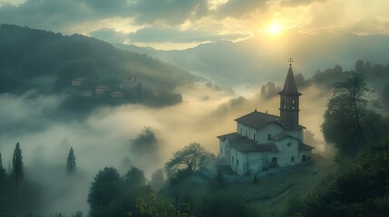 Misty Alpine Village with Charming Church Spire Emerges from Ethereal Fog in Stunning Italian Landscape - obrazy, fototapety, plakaty
