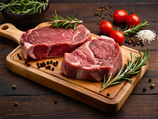 Fototapeta premium Raw meat with tomatto placed on wooden surface 